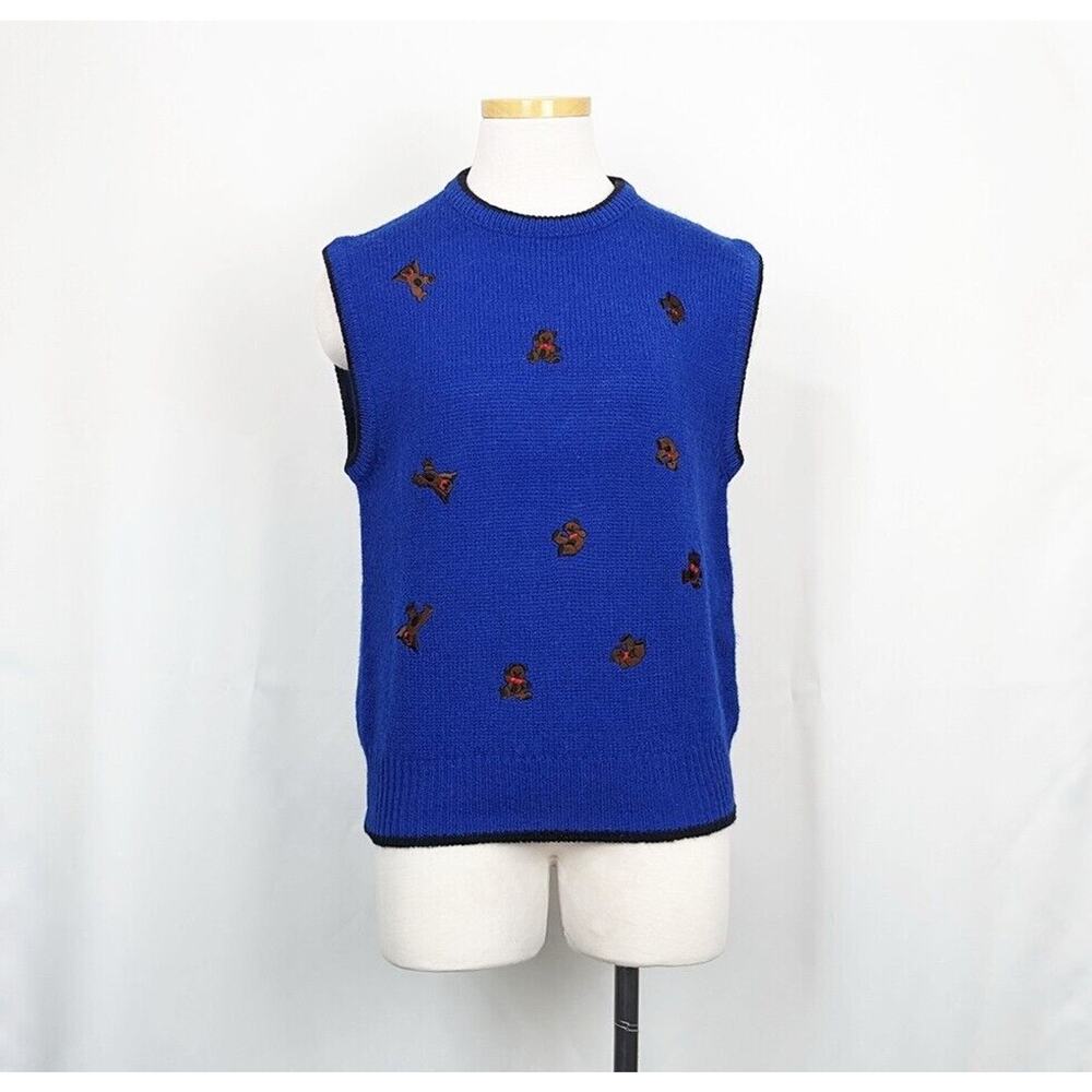 Vintage 80s Sweater Vest Blue Wool Teddy Bears Sleeveless Women's Size M